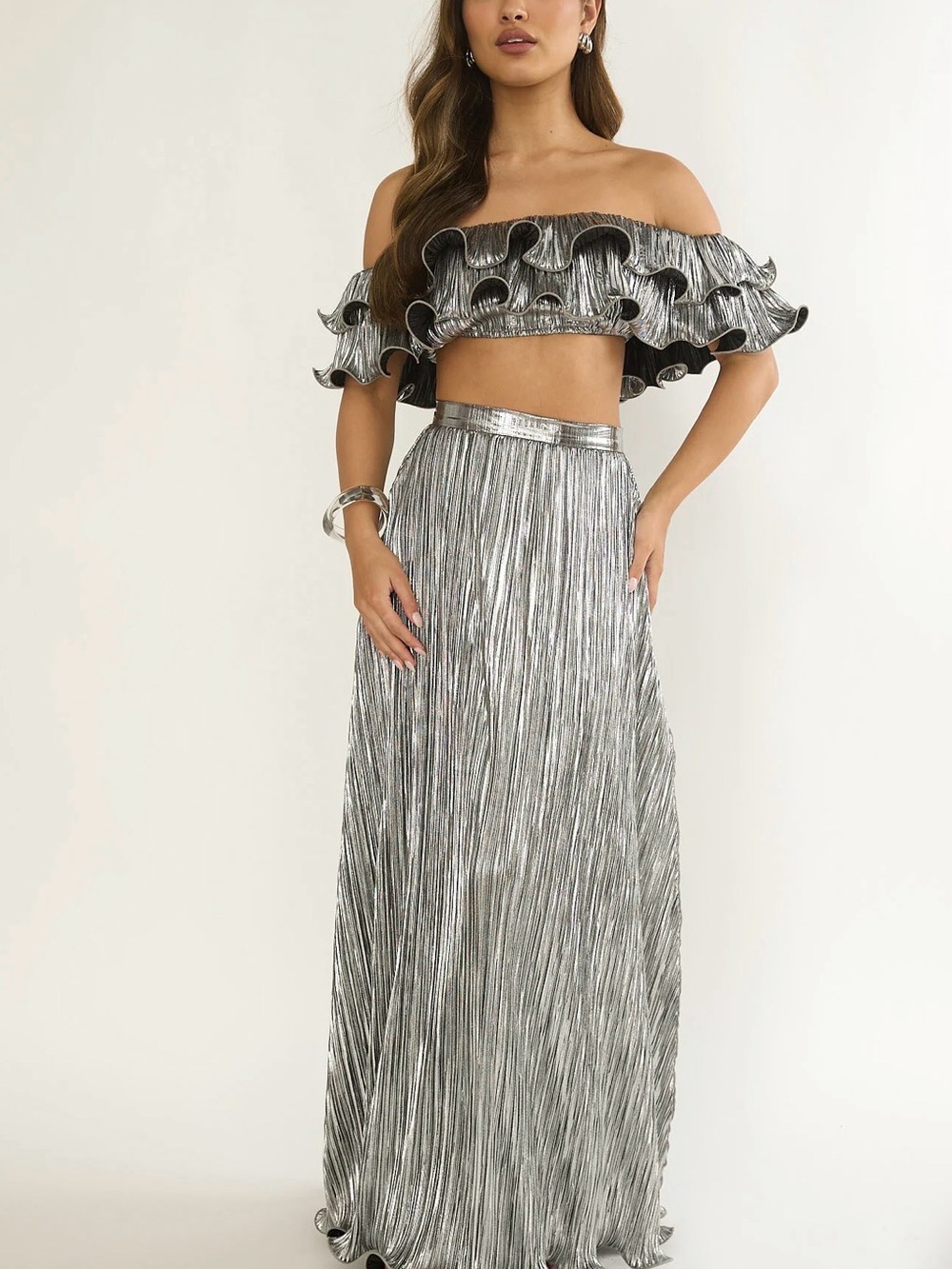 NWT Selfie Leslie Amaria Silver Metallic Crop Top & Maxi Skirt Set M/L